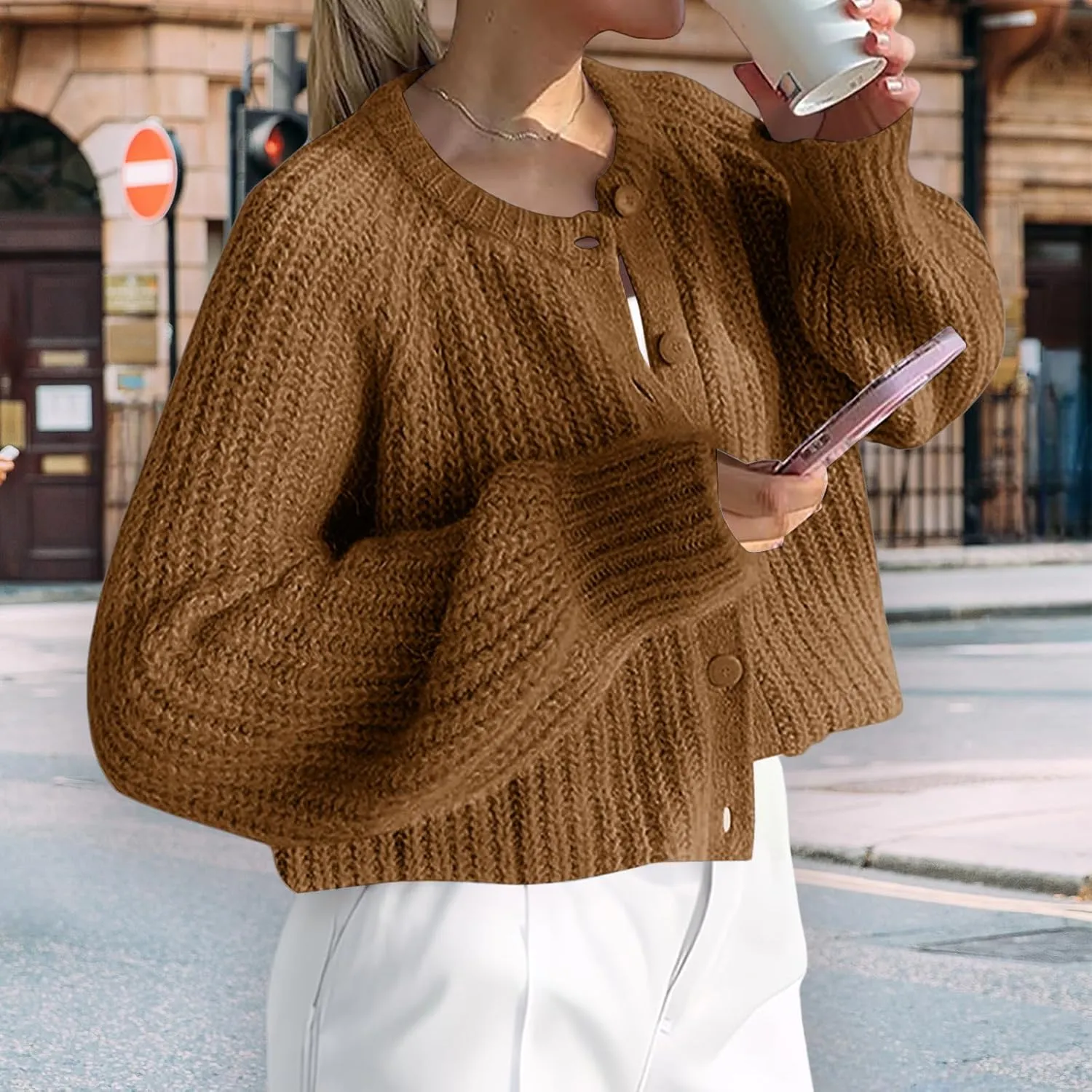 Crochet Cardigan Sweaters for Women Tops Chunky Knitted Crew Neck Trendy Cropped Button Long Sleeve Sweater Fall 2024