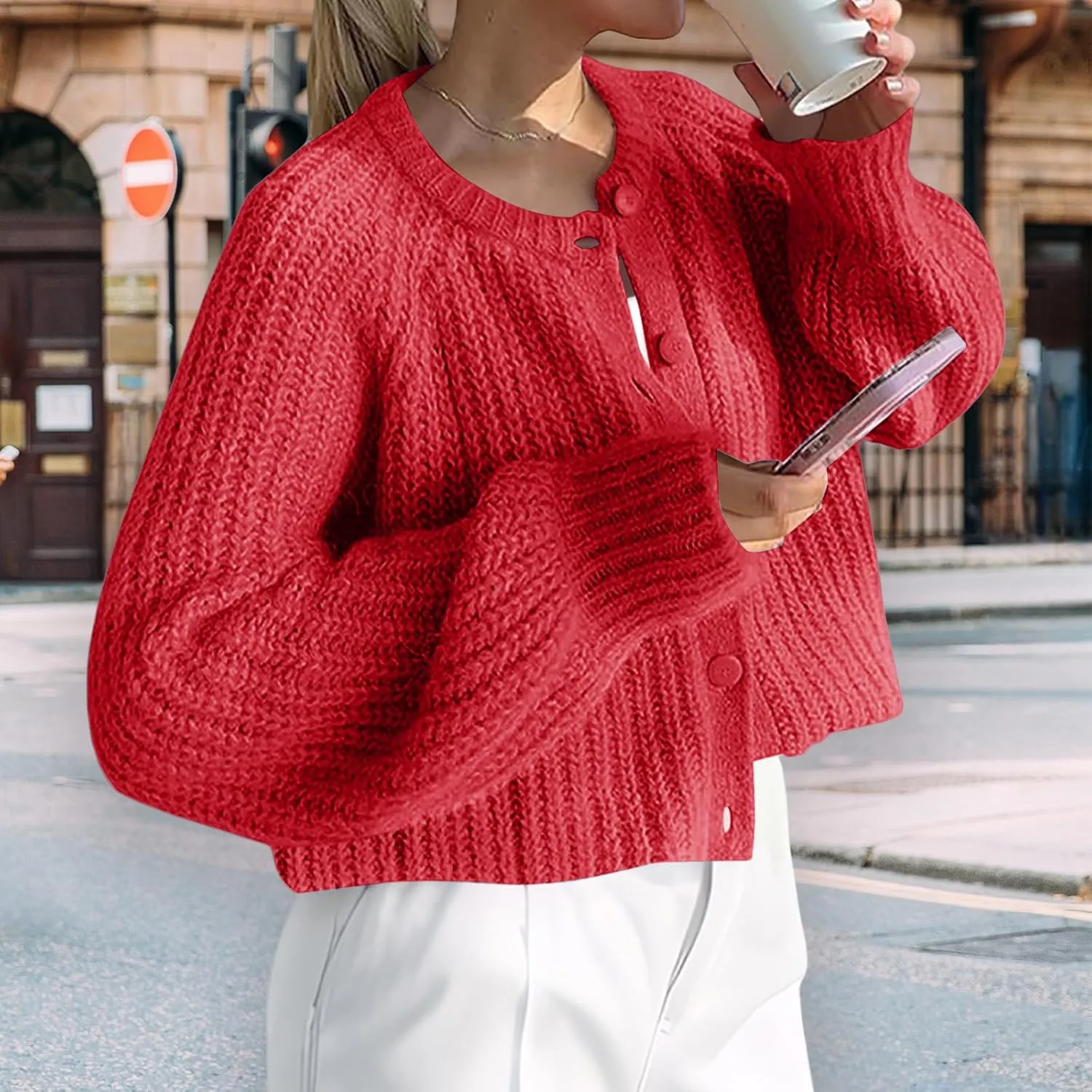 Crochet Cardigan Sweaters for Women Tops Chunky Knitted Crew Neck Trendy Cropped Button Long Sleeve Sweater Fall 2024