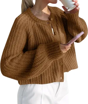 Crochet Cardigan Sweaters for Women Tops Chunky Knitted Crew Neck Trendy Cropped Button Long Sleeve Sweater Fall 2024