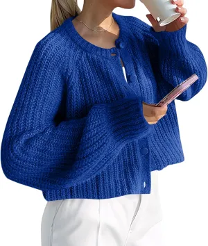 Crochet Cardigan Sweaters for Women Tops Chunky Knitted Crew Neck Trendy Cropped Button Long Sleeve Sweater Fall 2024