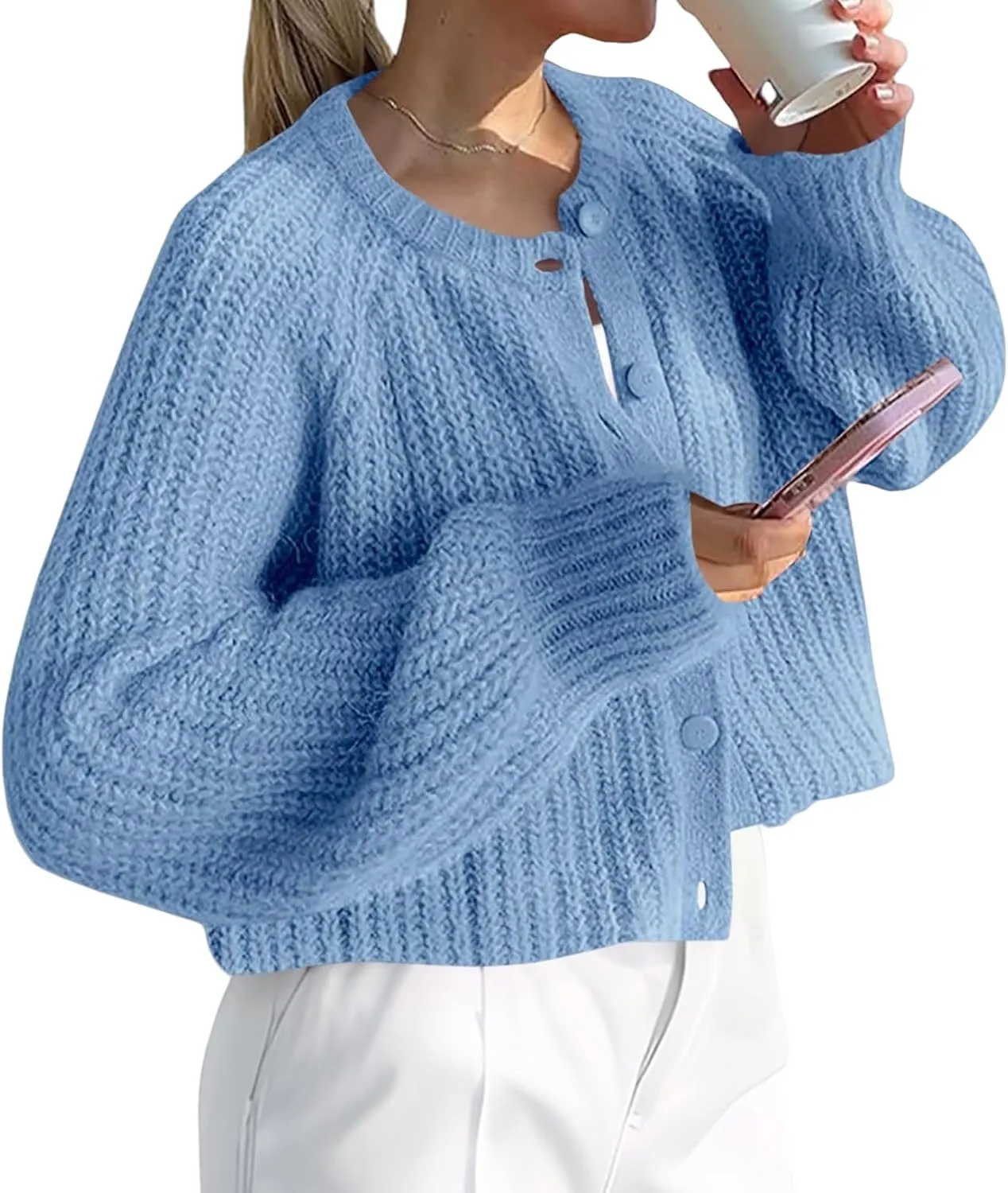 Crochet Cardigan Sweaters for Women Tops Chunky Knitted Crew Neck Trendy Cropped Button Long Sleeve Sweater Fall 2024