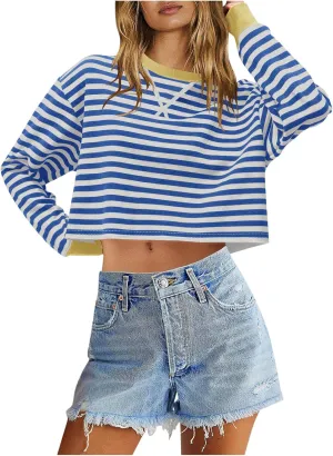 Cropped Long Sleeve Crew Neck Sweatshirt For Women 2024 Fall Fashion Striped Pullover Tops Y2K Clothes