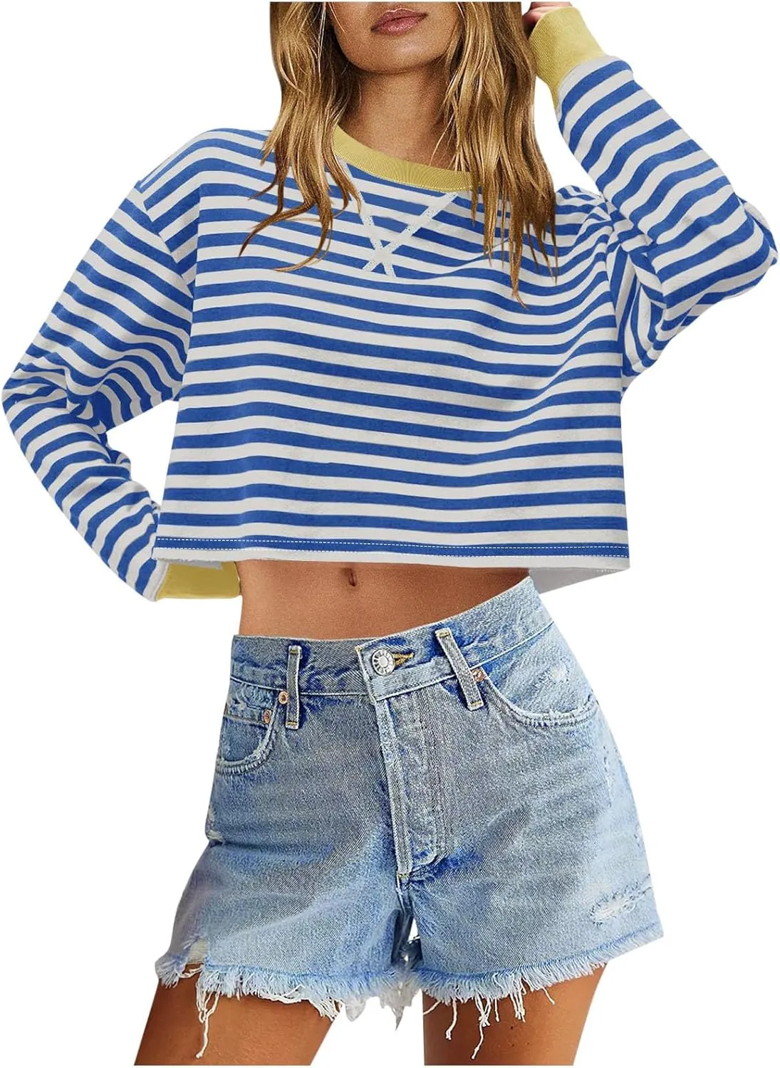 Cropped Long Sleeve Crew Neck Sweatshirt For Women 2024 Fall Fashion Striped Pullover Tops Y2K Clothes