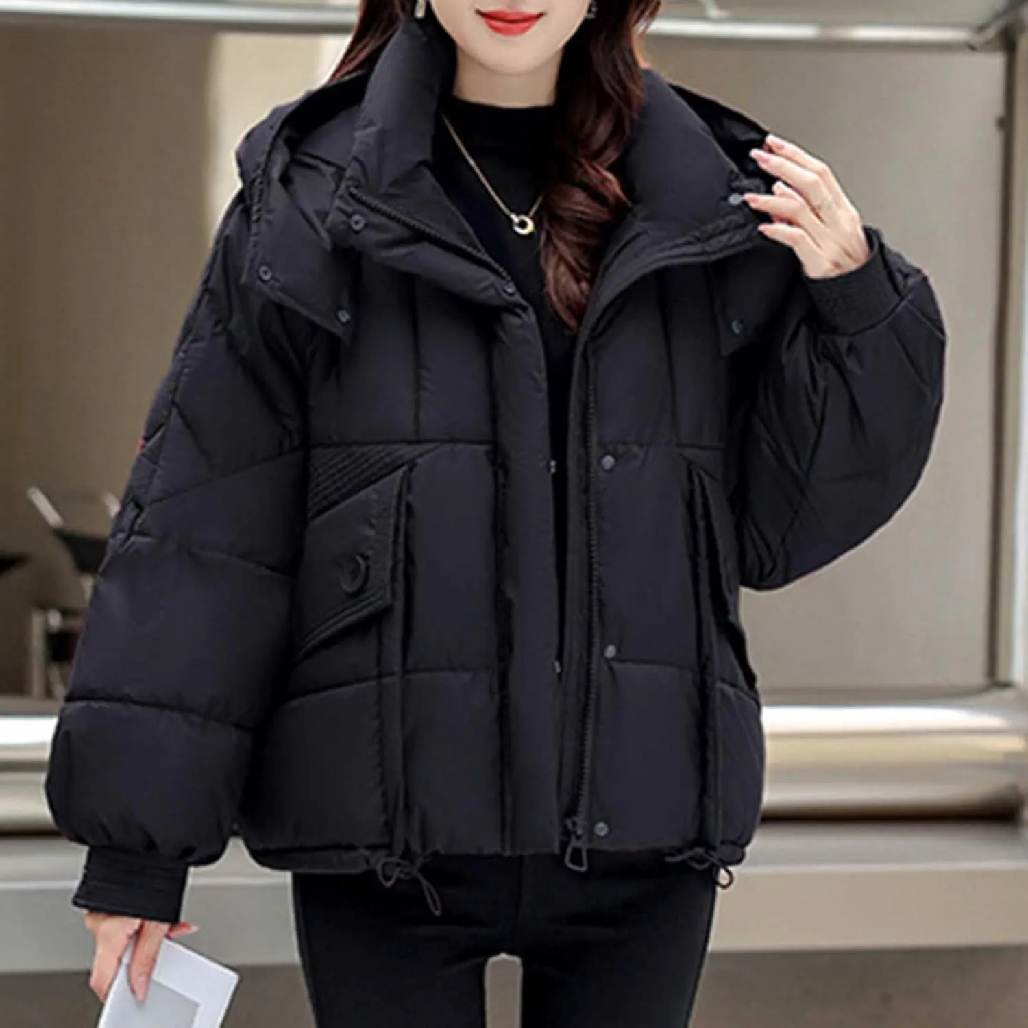 Cropped Puffer Jackets For Women Zip Up Quilted Down Jackets with Removable Hood 2024 Winter Warm Fashion Outfits
