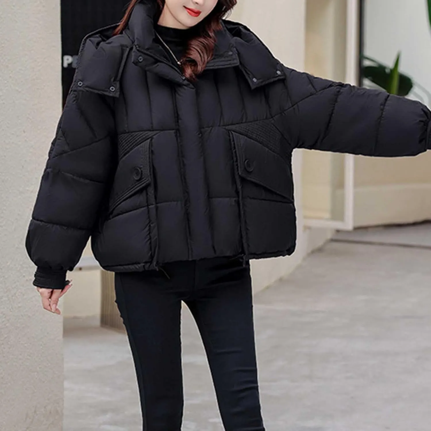 Cropped Puffer Jackets For Women Zip Up Quilted Down Jackets with Removable Hood 2024 Winter Warm Fashion Outfits