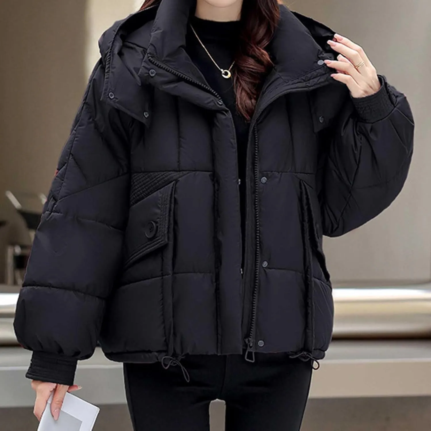 Cropped Puffer Jackets For Women Zip Up Quilted Down Jackets with Removable Hood 2024 Winter Warm Fashion Outfits
