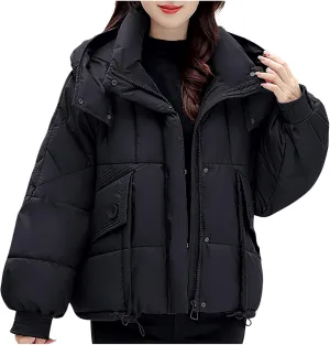 Cropped Puffer Jackets For Women Zip Up Quilted Down Jackets with Removable Hood 2024 Winter Warm Fashion Outfits