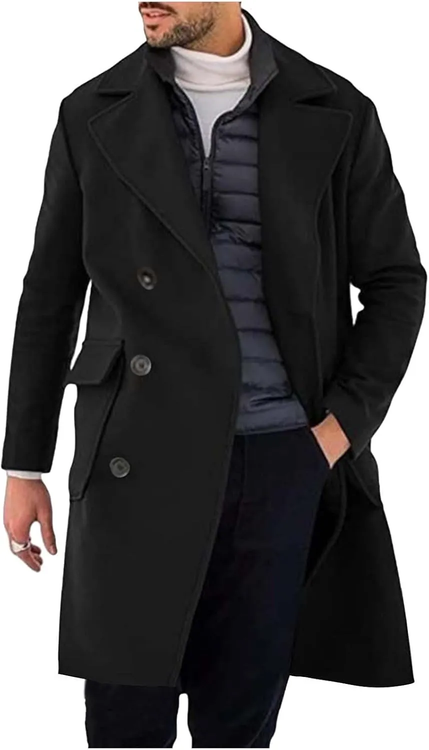 Dgoopd Trench Coat Men Long Double Breasted Coat Notch Lapel Jacket Wool Blend Peacoat Plus Size Overcoat Fall Winter Coats