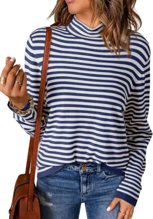 Dokotoo Women's Lightweight Sweaters 2025 Fashion Striped Long Sleeve Sweaters Casual Pullover Turtleneck Sweater Tops