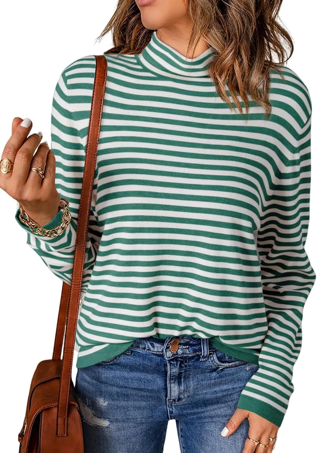 Dokotoo Women's Lightweight Sweaters 2025 Fashion Striped Long Sleeve Sweaters Casual Pullover Turtleneck Sweater Tops