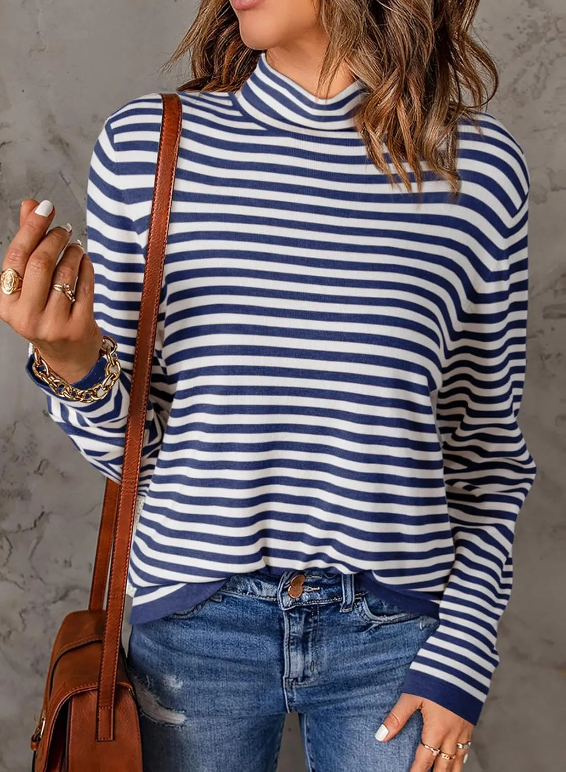 Dokotoo Women's Lightweight Sweaters 2025 Fashion Striped Long Sleeve Sweaters Casual Pullover Turtleneck Sweater Tops