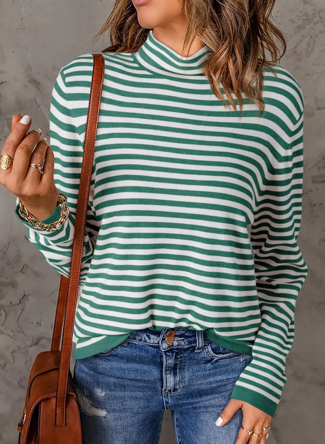 Dokotoo Women's Lightweight Sweaters 2025 Fashion Striped Long Sleeve Sweaters Casual Pullover Turtleneck Sweater Tops