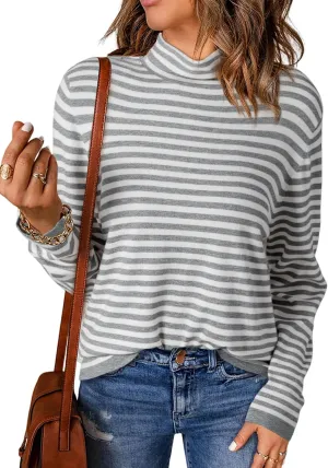 Dokotoo Women's Lightweight Sweaters 2025 Fashion Striped Long Sleeve Sweaters Casual Pullover Turtleneck Sweater Tops