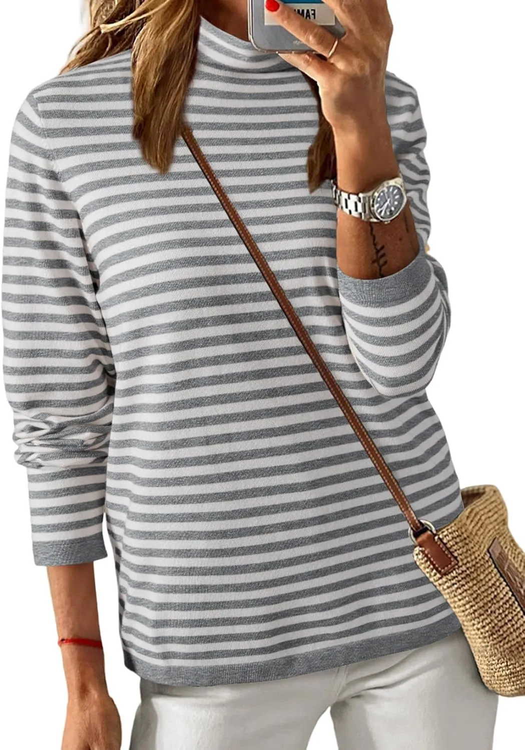 Dokotoo Women's Lightweight Sweaters 2025 Fashion Striped Long Sleeve Sweaters Casual Pullover Turtleneck Sweater Tops