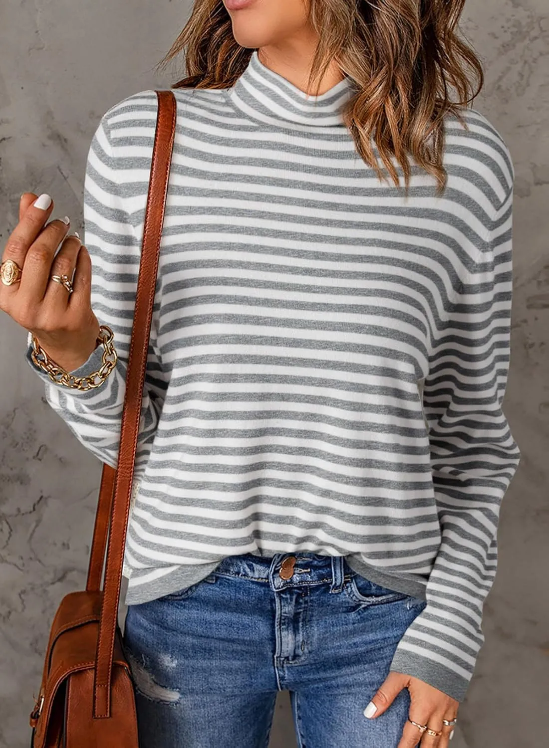 Dokotoo Women's Lightweight Sweaters 2025 Fashion Striped Long Sleeve Sweaters Casual Pullover Turtleneck Sweater Tops