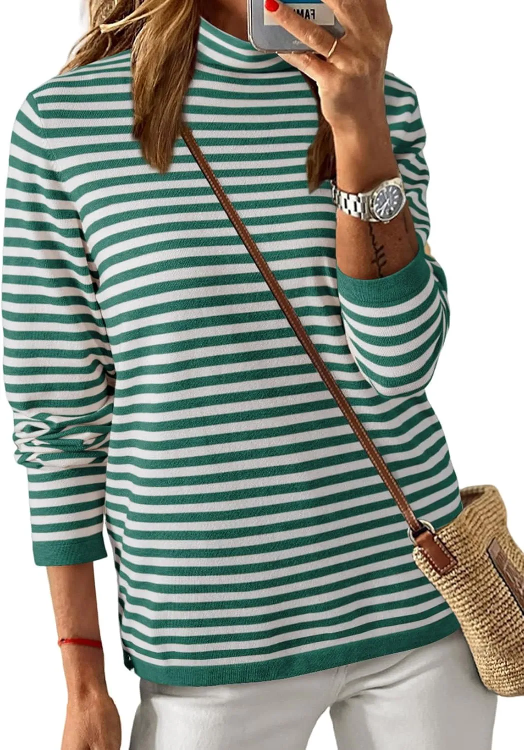 Dokotoo Women's Lightweight Sweaters 2025 Fashion Striped Long Sleeve Sweaters Casual Pullover Turtleneck Sweater Tops