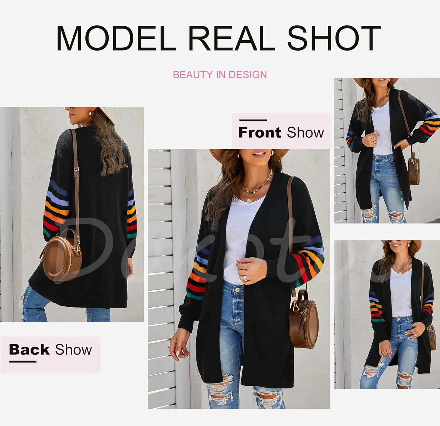 Dokotoo Women's Long Open Front Cardigans Striped Color Block Loose Knit Sweaters Outwear Coat