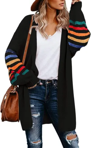 Dokotoo Women's Long Open Front Cardigans Striped Color Block Loose Knit Sweaters Outwear Coat