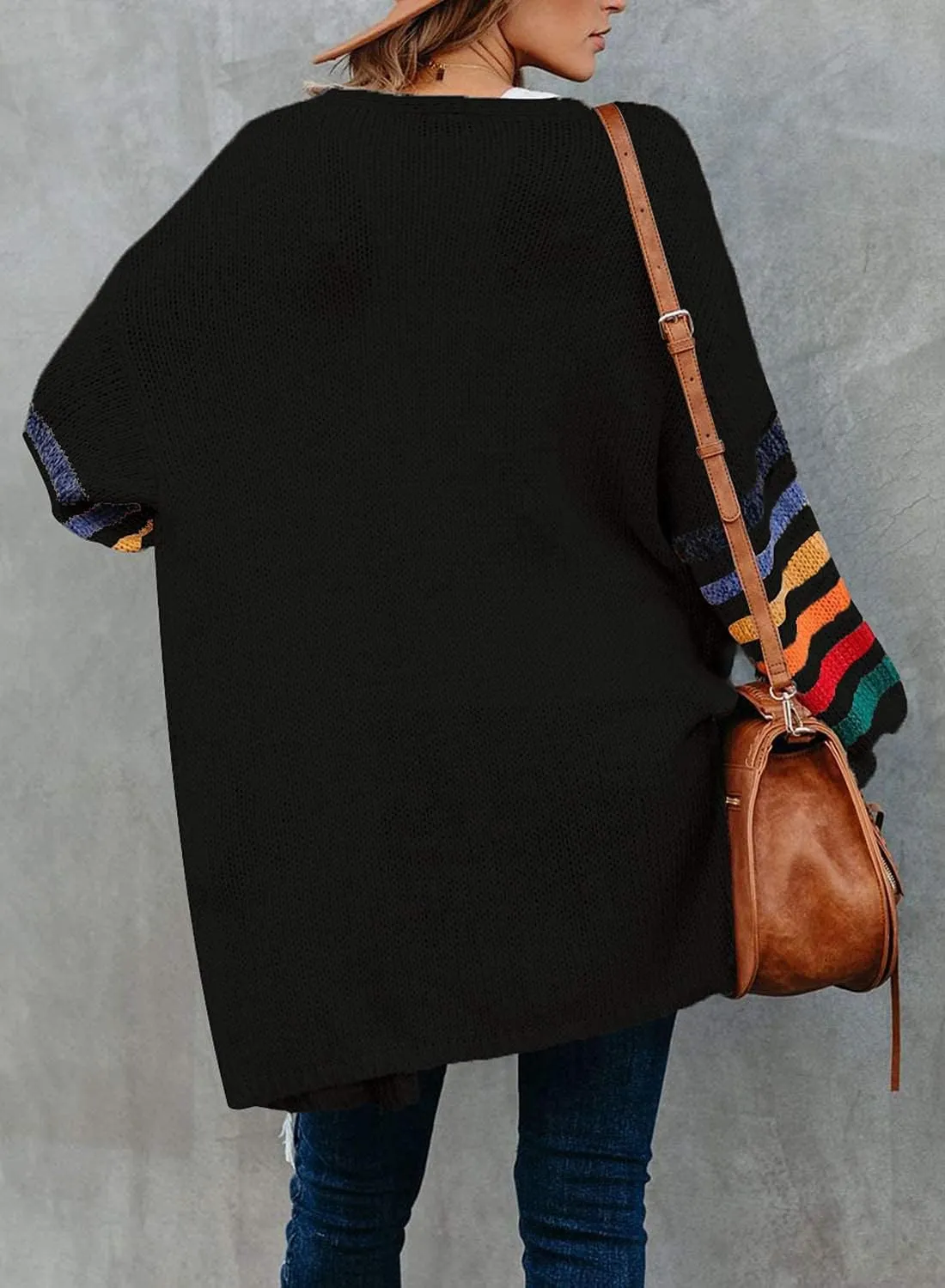 Dokotoo Women's Long Open Front Cardigans Striped Color Block Loose Knit Sweaters Outwear Coat
