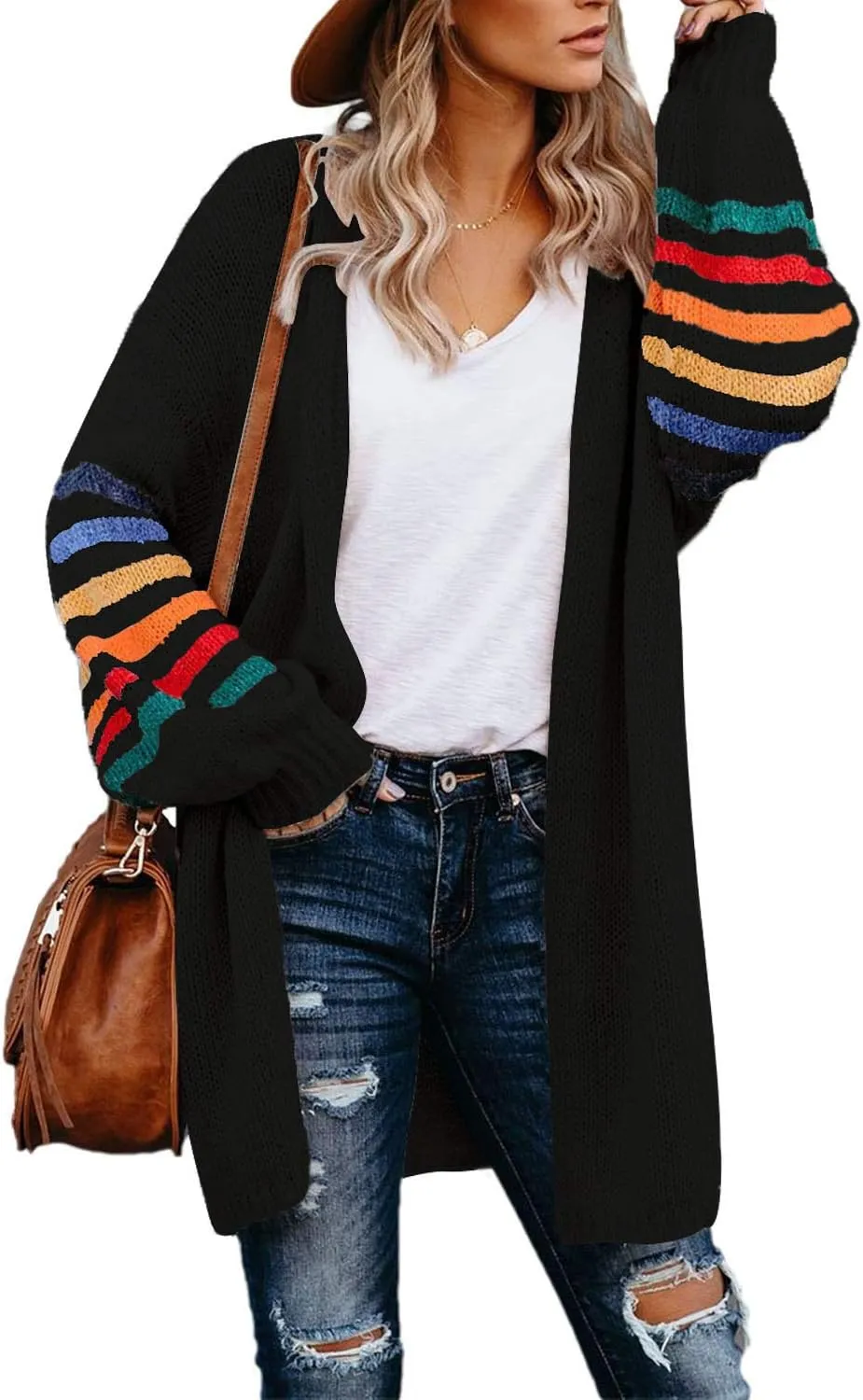 Dokotoo Women's Long Open Front Cardigans Striped Color Block Loose Knit Sweaters Outwear Coat