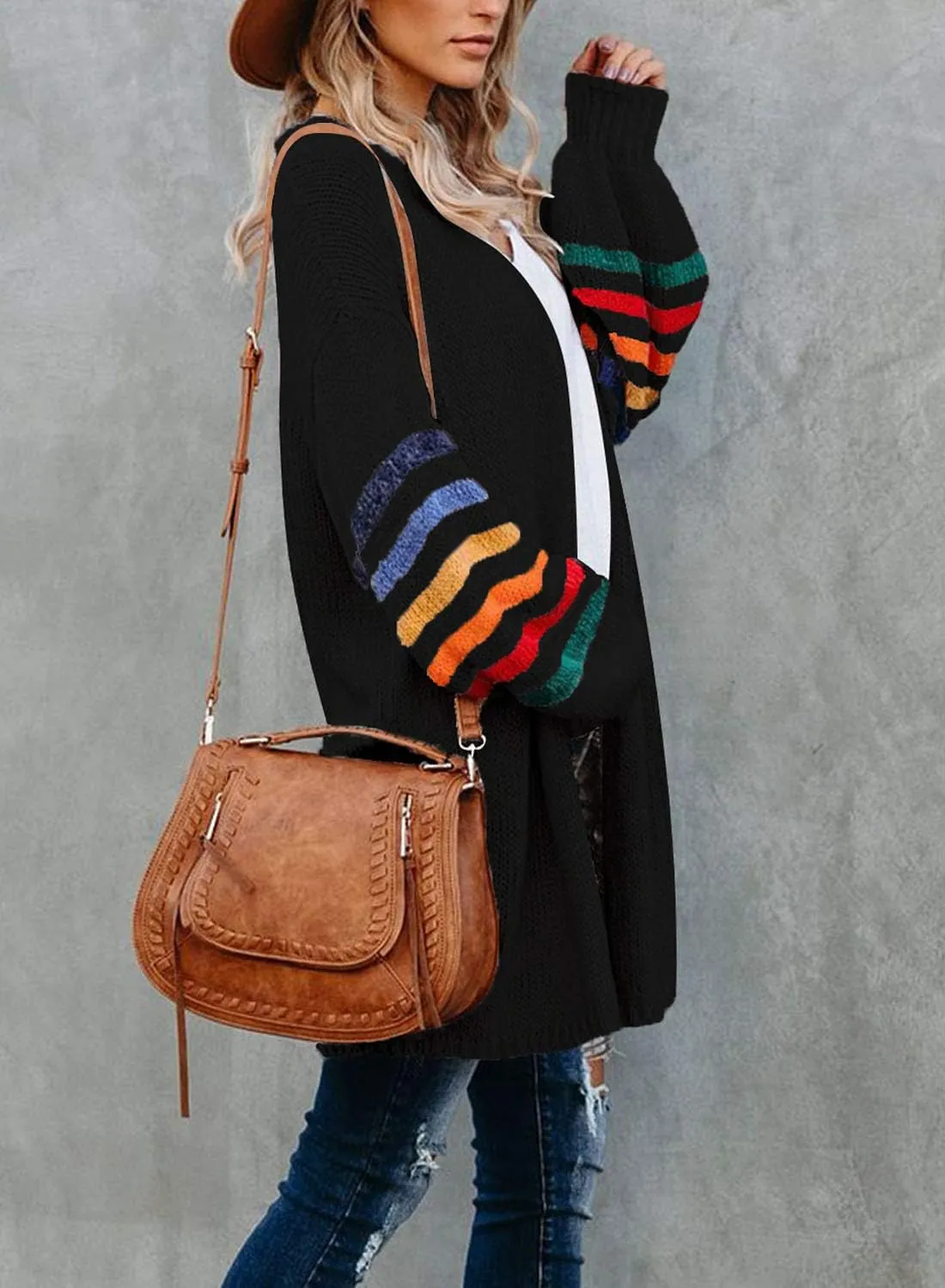 Dokotoo Women's Long Open Front Cardigans Striped Color Block Loose Knit Sweaters Outwear Coat