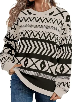 Dokotoo Womens Sweaters Casual Lightweight Round Neck Colorblock Striped Sweaters Long Sleeve Abstract Pullover Jumper Tops