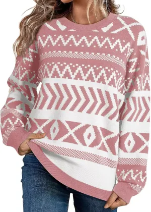 Dokotoo Womens Sweaters Casual Lightweight Round Neck Colorblock Striped Sweaters Long Sleeve Abstract Pullover Jumper Tops