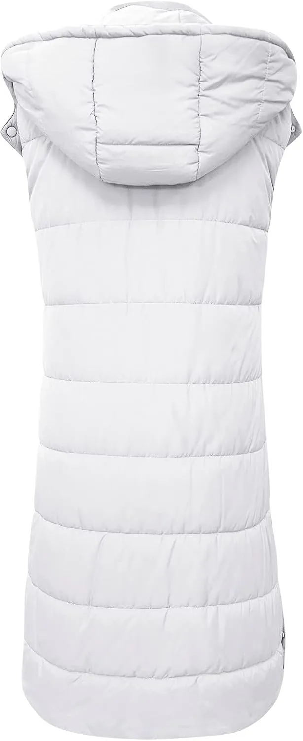 Down Vest for Women Plus Size Long Puffer Jackets Zipper Buttons Overcoats Hooded Quilted Cardigan with Pockets