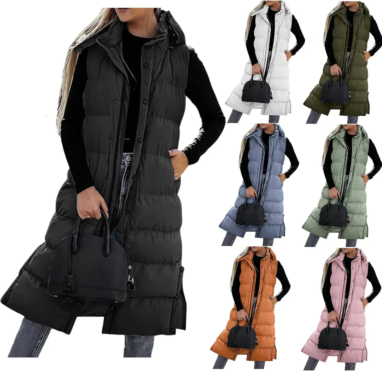 Down Vest for Women Plus Size Long Puffer Jackets Zipper Buttons Overcoats Hooded Quilted Cardigan with Pockets