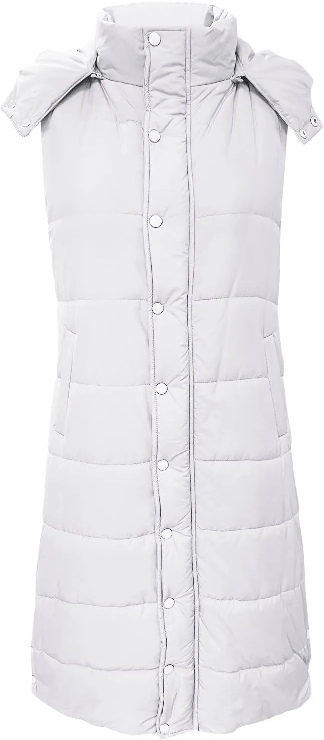Down Vest for Women Plus Size Long Puffer Jackets Zipper Buttons Overcoats Hooded Quilted Cardigan with Pockets