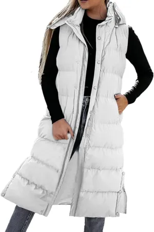 Down Vest for Women Plus Size Long Puffer Jackets Zipper Buttons Overcoats Hooded Quilted Cardigan with Pockets