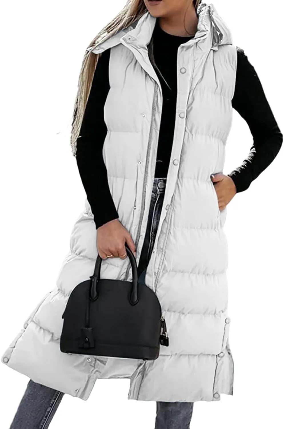 Down Vest for Women Plus Size Long Puffer Jackets Zipper Buttons Overcoats Hooded Quilted Cardigan with Pockets