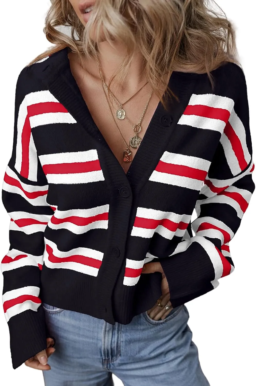 EVALESS Womens Cardigans Sweaters 2024 Fashion Trendy Lightweight Oversized Cropped Chunky Knit Striped Fall Winter Open Front Cardigans Outfits,Black XX-Large