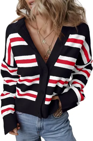 EVALESS Womens Cardigans Sweaters 2024 Fashion Trendy Lightweight Oversized Cropped Chunky Knit Striped Fall Winter Open Front Cardigans Outfits,Black XX-Large