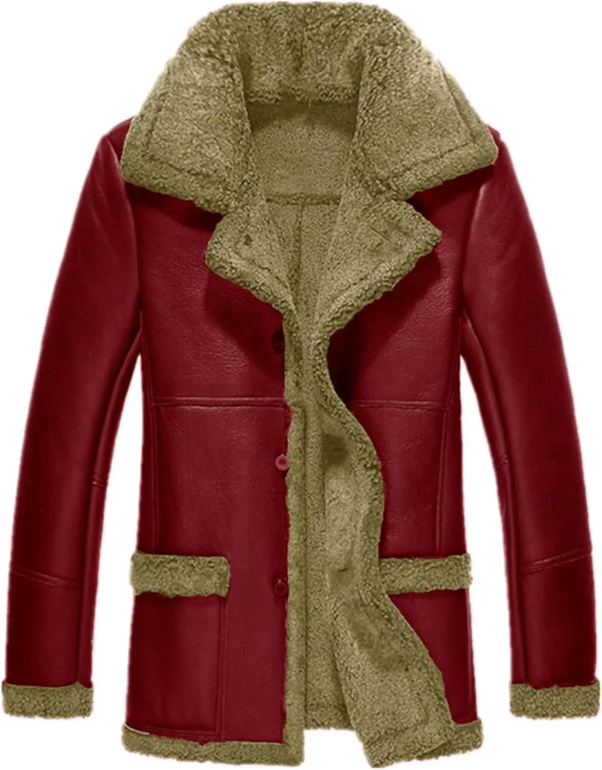 evzosrz Mens Winter Jackets Faux Suede Leather Button Down Sherpa Fleece Lined Lapel Classic Windproof Warm Coat with Pockets