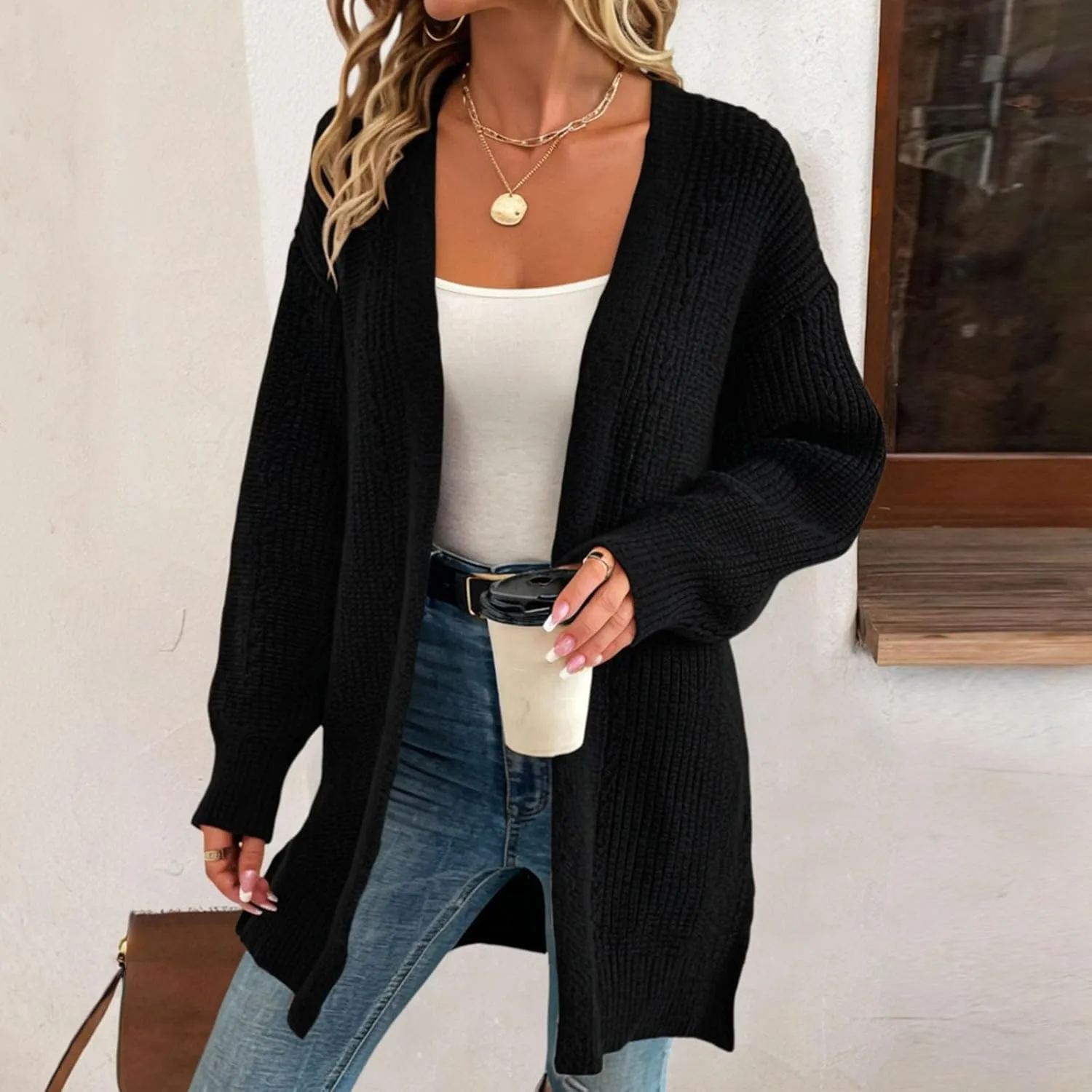 Fall Sweaters for Women 2025 Long Sleeve Open Front Cardigan Casual Loose Knit Solid Color Loose Fit Sweat Coats