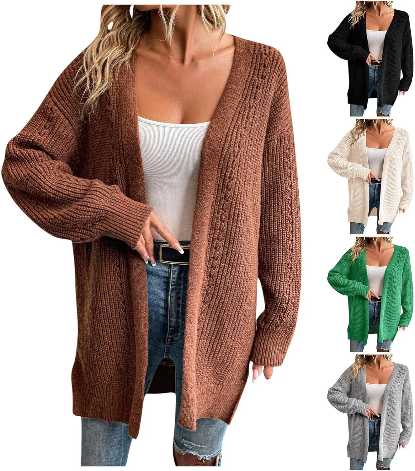 Fall Sweaters for Women 2025 Long Sleeve Open Front Cardigan Casual Loose Knit Solid Color Loose Fit Sweat Coats