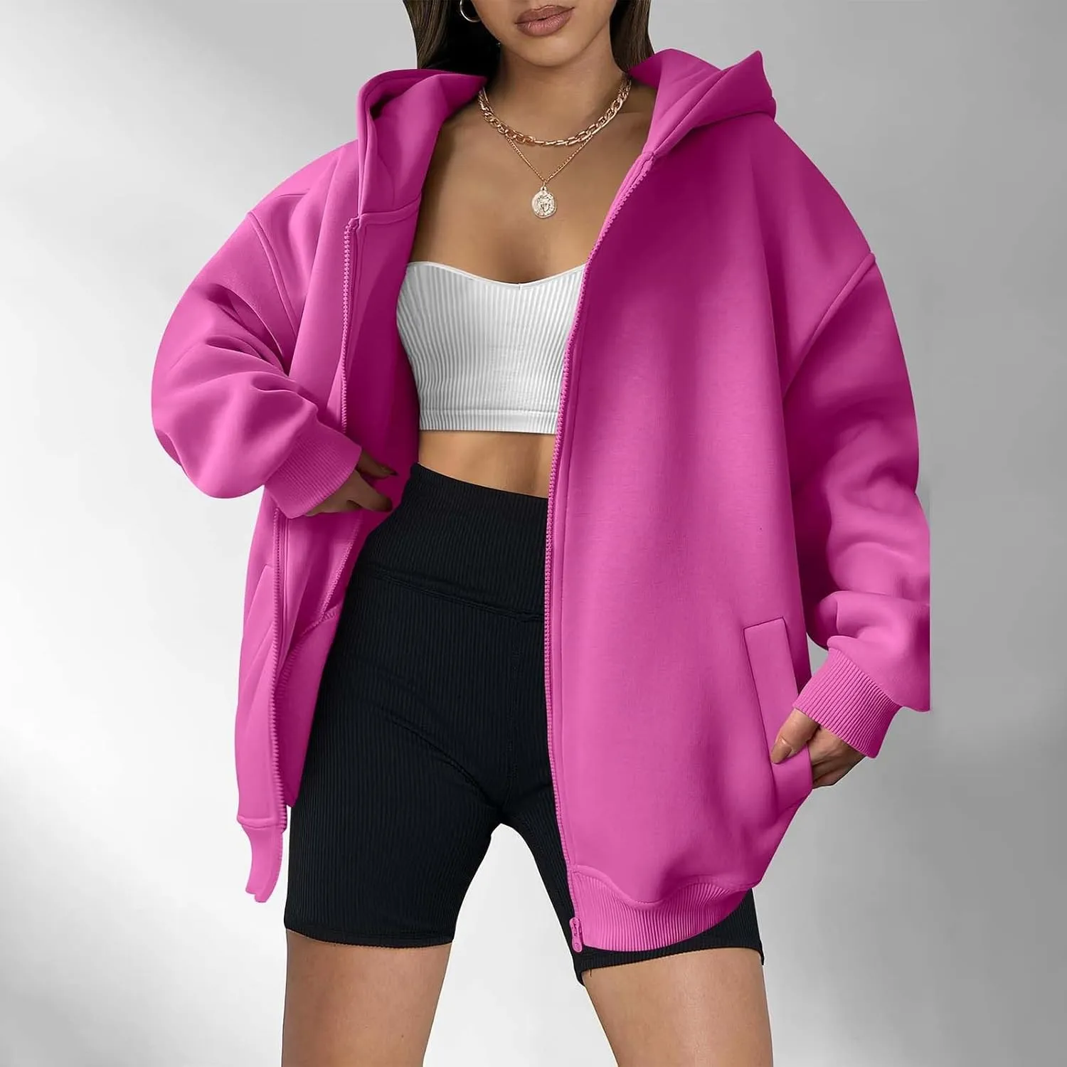 Fall Sweatshirts for Women Full Zip Up Hoodies Oversized Sweatshirt Y2K Clothing Casual Classic Jacket with Pockets