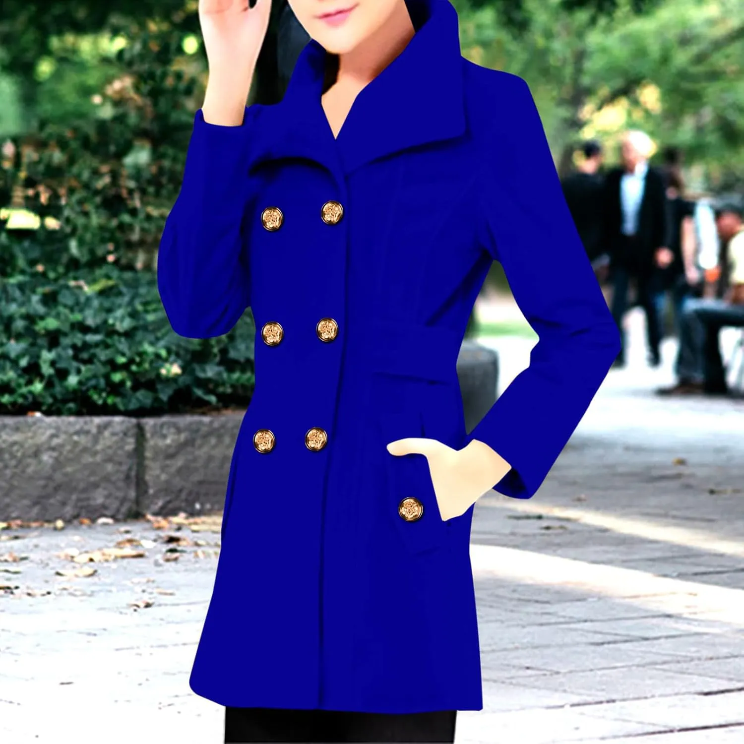 fartey 2024 Womens Winter Coats Casual Notch Lapel Mid-Long Trench Coat Wool Blend Warm Soft Pea Coat With Pockets