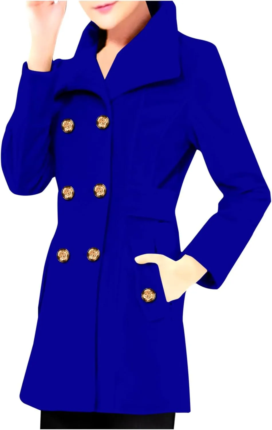 fartey 2024 Womens Winter Coats Casual Notch Lapel Mid-Long Trench Coat Wool Blend Warm Soft Pea Coat With Pockets