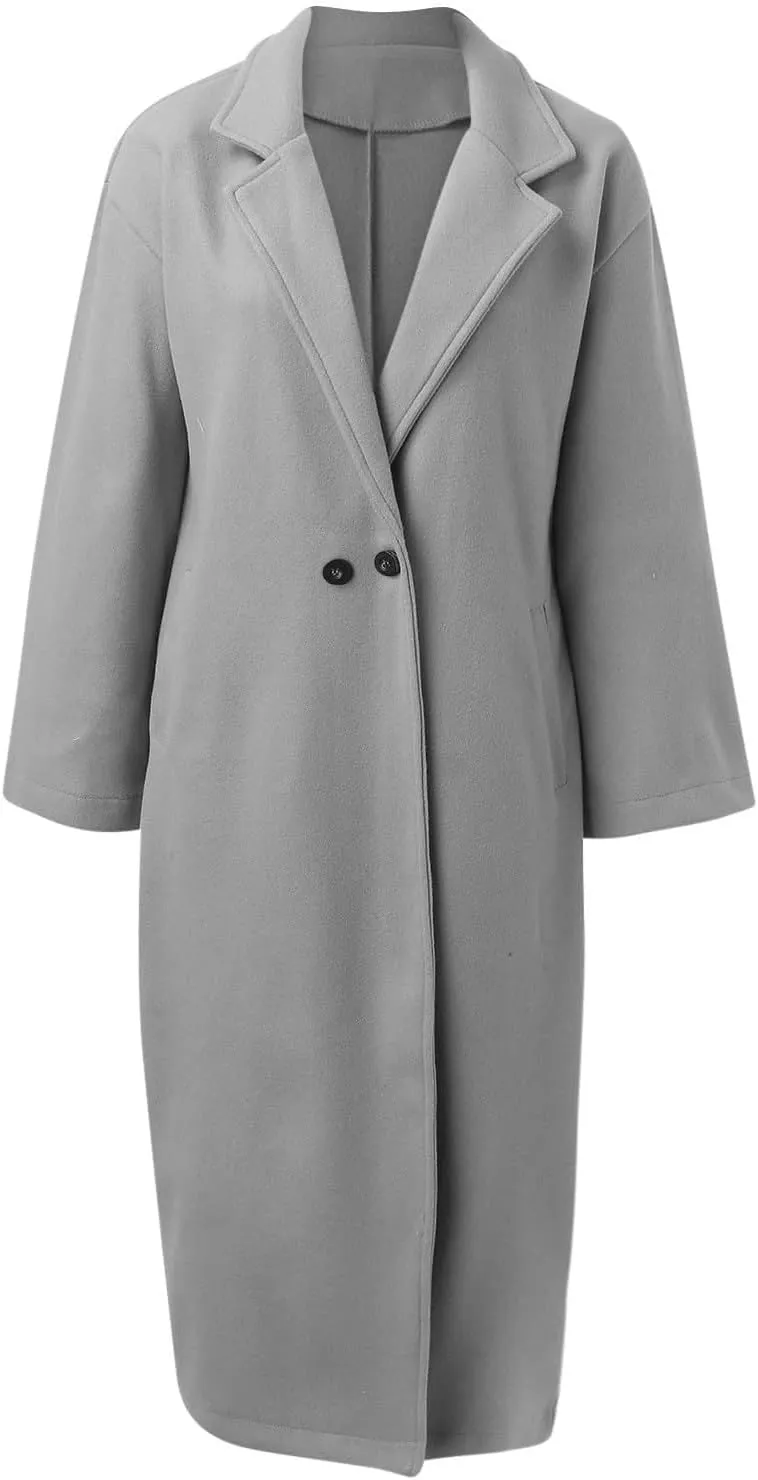 fartey Womens Trench Coat Elegant Lapel Collar Wool Blend Pea Coats Open Front Mid Long Length Office Overcoat Outwear