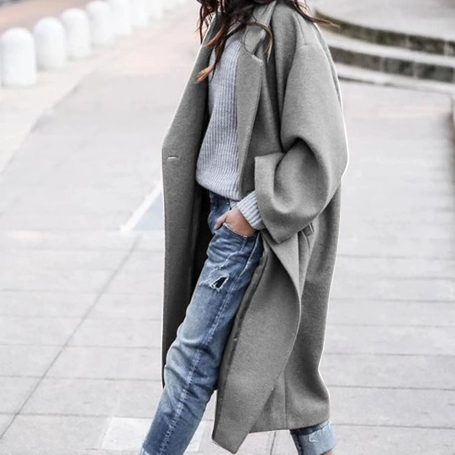 fartey Womens Trench Coat Elegant Lapel Collar Wool Blend Pea Coats Open Front Mid Long Length Office Overcoat Outwear