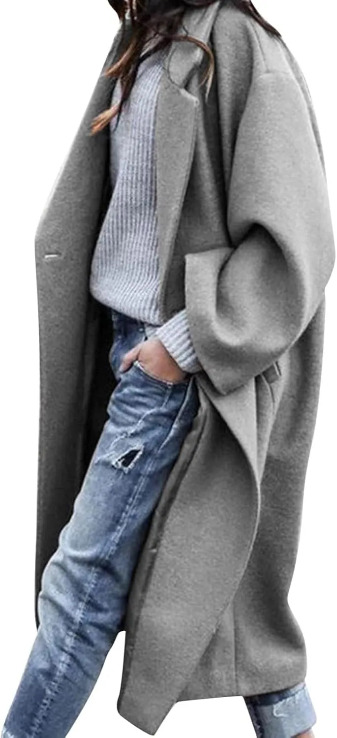 fartey Womens Trench Coat Elegant Lapel Collar Wool Blend Pea Coats Open Front Mid Long Length Office Overcoat Outwear