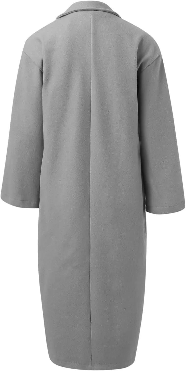fartey Womens Trench Coat Elegant Lapel Collar Wool Blend Pea Coats Open Front Mid Long Length Office Overcoat Outwear