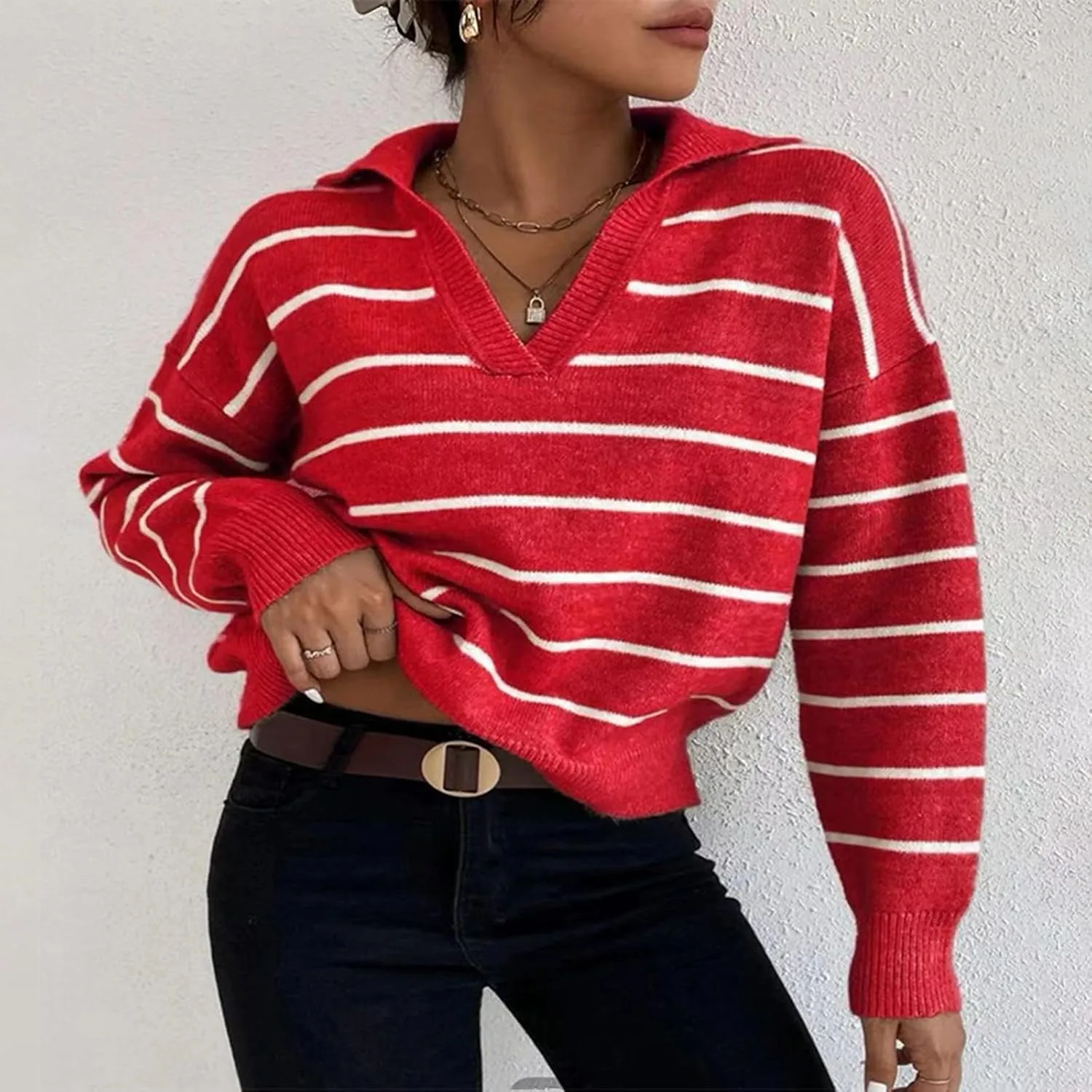Fashion Sweater for Women Striped Kint Lapel Collar V Neck Long Sleeve Vintage Soft Crop Tops Fall Crochet Sweater Top