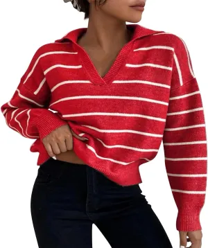 Fashion Sweater for Women Striped Kint Lapel Collar V Neck Long Sleeve Vintage Soft Crop Tops Fall Crochet Sweater Top