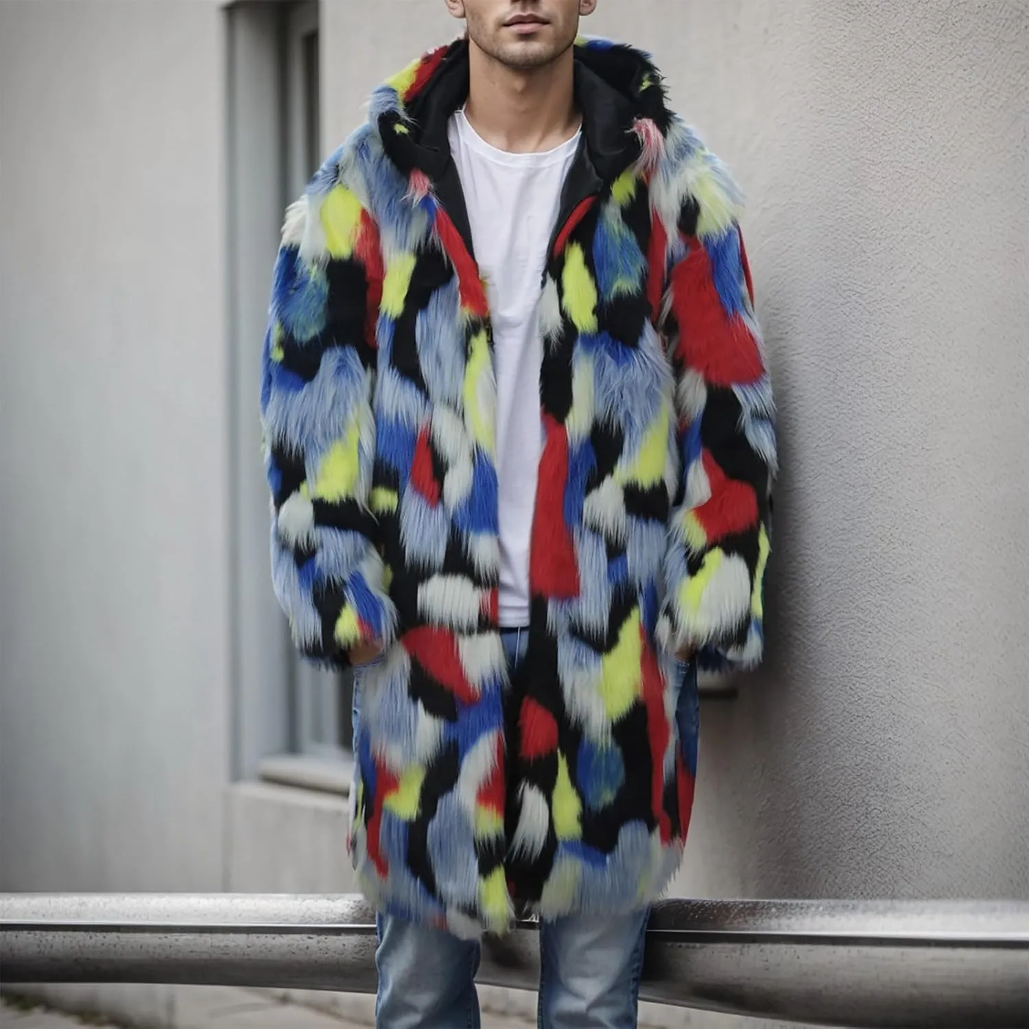 Faux Fur Coat for Men Fluffy Soft Winter Warm Cardigan Outwear Casual Long Sleeve Thicken Overcoat Jacket with Pocket