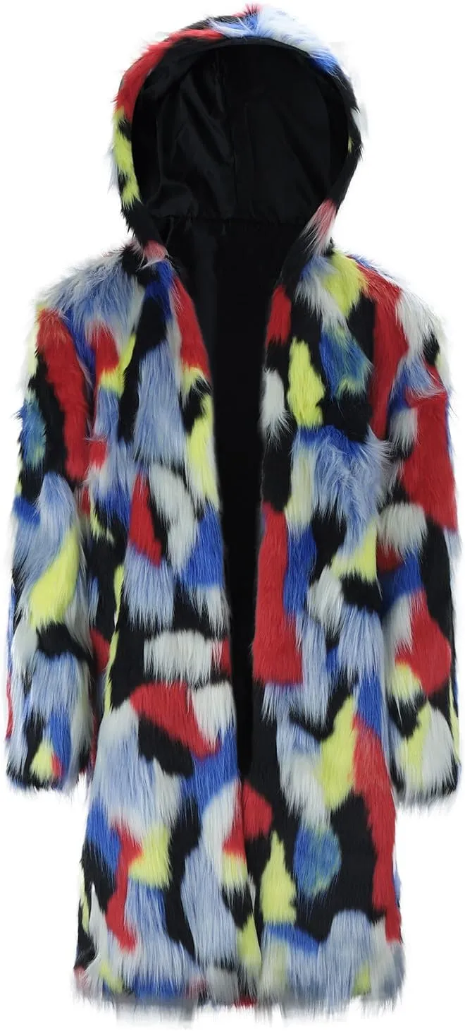 Faux Fur Coat for Men Fluffy Soft Winter Warm Cardigan Outwear Casual Long Sleeve Thicken Overcoat Jacket with Pocket
