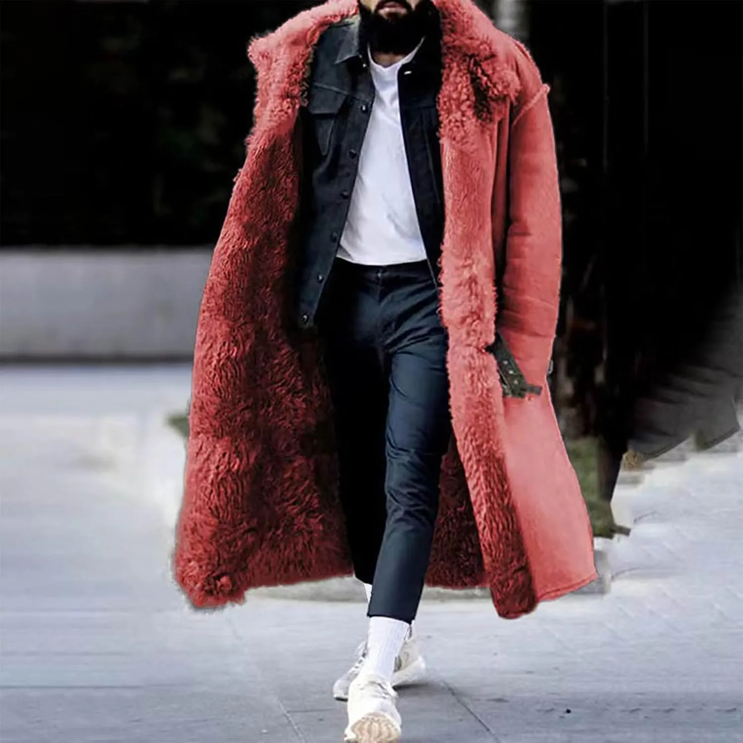 Faux Fur Coat Men, Mens Fur Collar Suede Leather Trench Coat Winter Sherpa Lined Shearling Sheepskin Leather Jackets