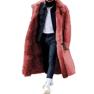 Faux Fur Coat Men, Mens Fur Collar Suede Leather Trench Coat Winter Sherpa Lined Shearling Sheepskin Leather Jackets